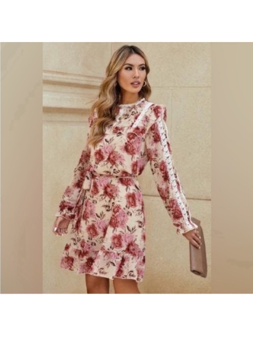 Bohemian Cottoge core Floral Dress Sz L Ivory Pink Crew Ruffle Crochet Detail